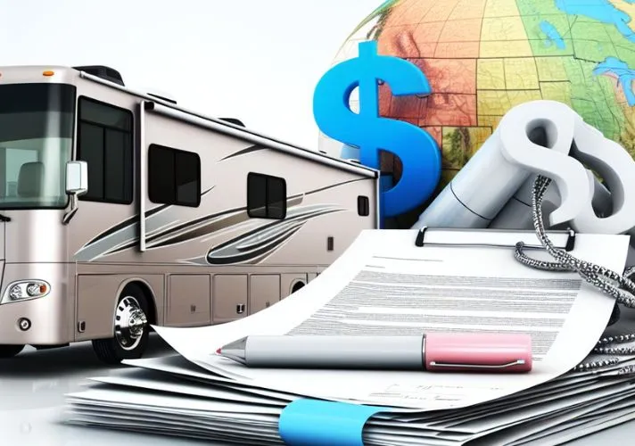 Motorhome next to a stack of documents with a pen, a dollar sign, and a globe symbolizing RV travel finances and paperwork.
