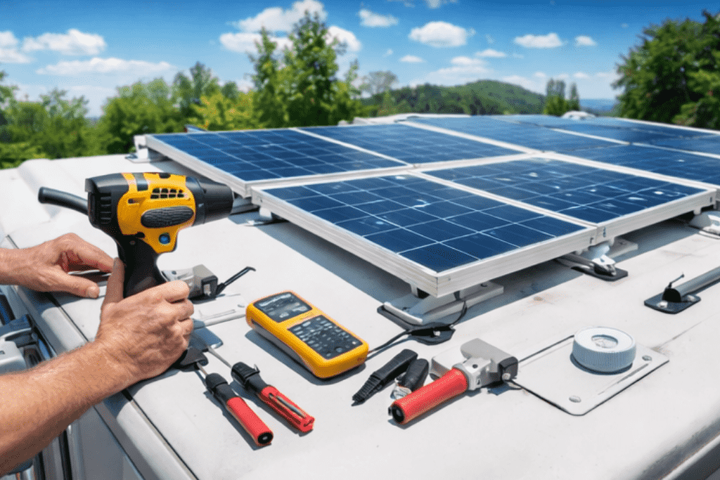 DIY RV solar panel installation in progress with a drill, multimeter, and tools on the roof of an RV, showcasing the solar panels being mounted