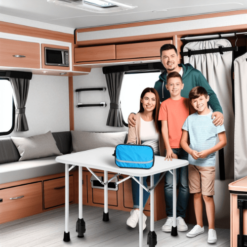 Family standing inside a modern caravan with built-in seating and storage, parents and two children smiling next to a foldable table with a travel bag, showing organized and comfortable family caravan living.
