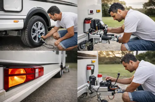 Man inspecting a caravan before departure, checking tire pressure, testing rear lights, examining the hitch connection, and ensuring the vehicle is safe for a family road trip.