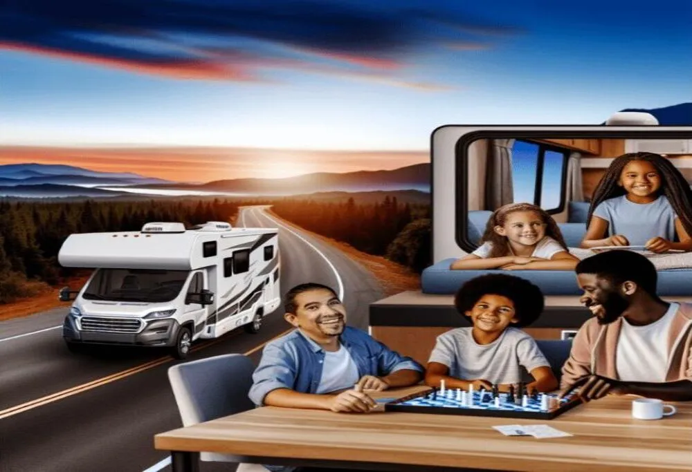 Family enjoying a caravan road trip, parents and children playing