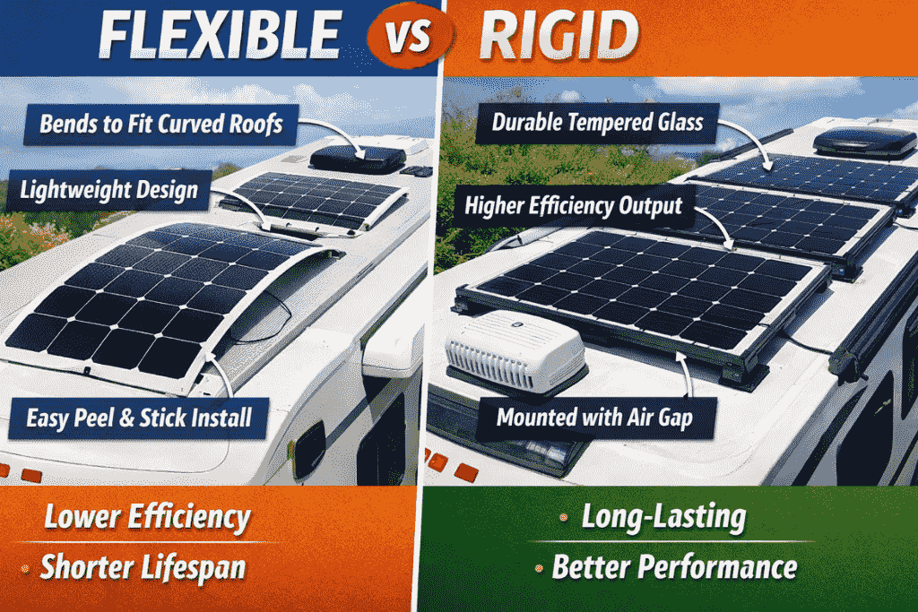 Comparison of the durability of flexible and rigid solar panels with a degradation curve over 10 years