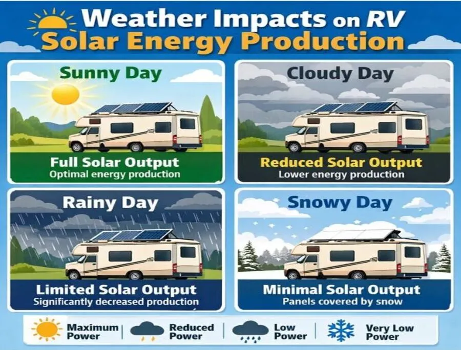 Weather conditions like sun, clouds, rain, and snow directly impact how much solar power your RV panels can produce.