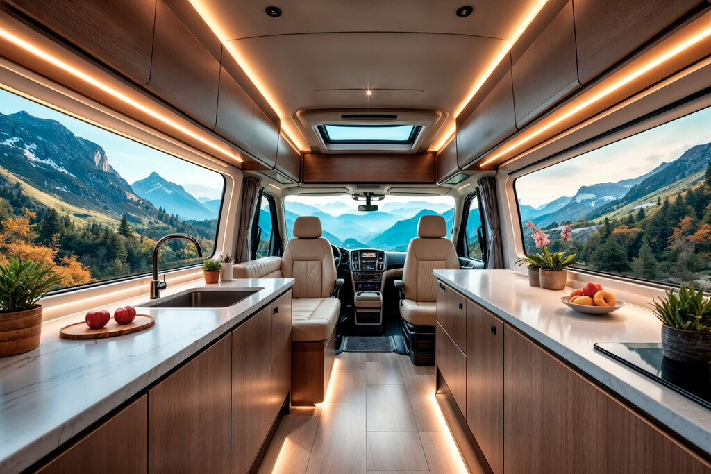 High-end van layout with smart storage and bright natural light for an eco-friendly lifestyle