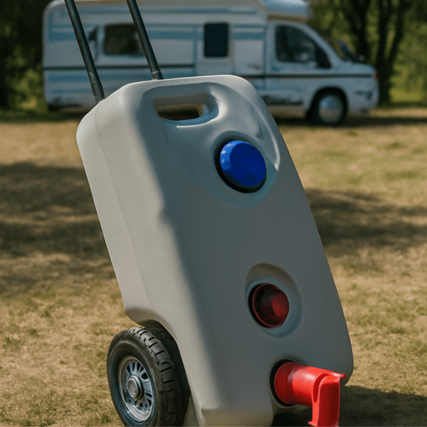 Portable water container with wheels for RV water storage and refills
