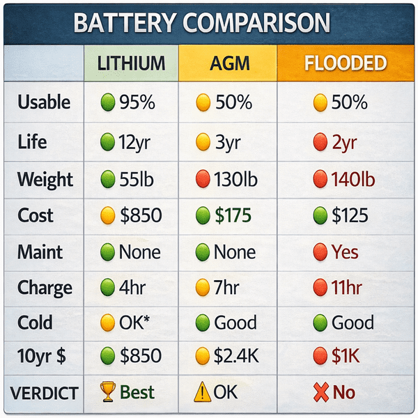 Infographic comparing Lithium, AGM, and Flooded batteries for RV solar systems. It highlights key features like usable capacity, lifespan, weight, cost, and maintenance requirements