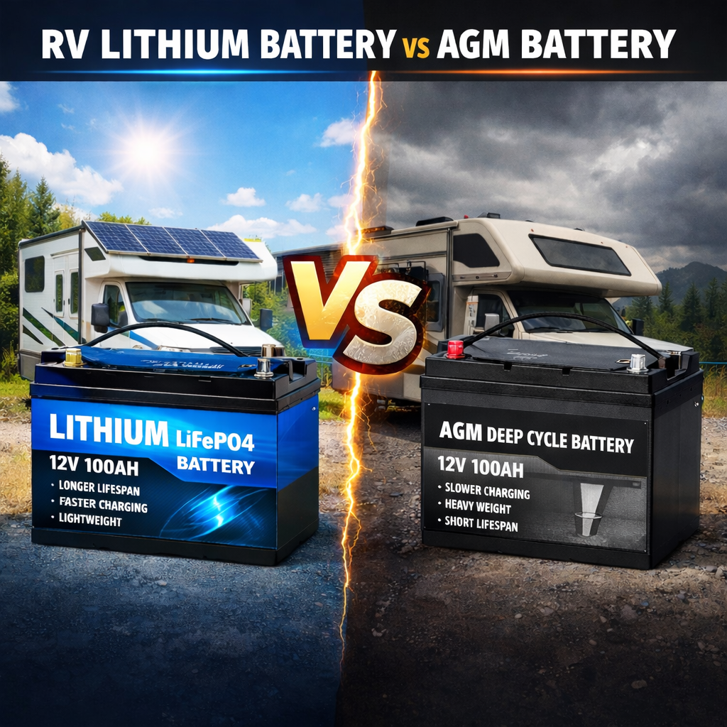 Comparison of RV Lithium LiFePO4 Battery vs AGM Deep Cycle Battery, showing key differences in lifespan, weight, and performance