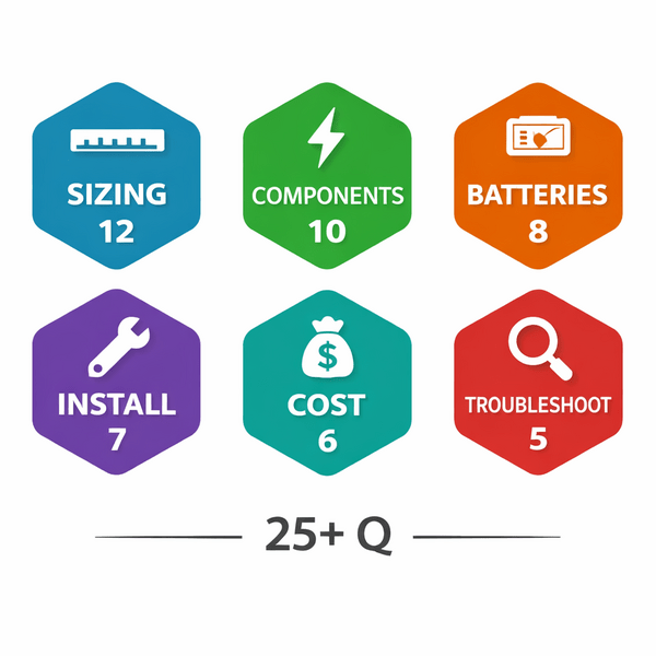 Infographic displaying an ultra-minimalistic FAQ navigation hub for RV solar systems, featuring color-coded hexagonal icons representing categories like sizing, components, batteries, installation, cost, and troubleshooting
