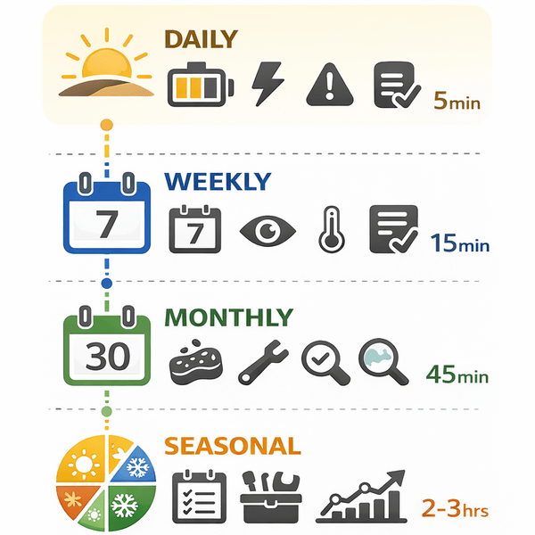 Infographic showing a visual maintenance schedule for an RV solar system, divided into daily, weekly, monthly, and seasonal tasks, each with icons and time estimates