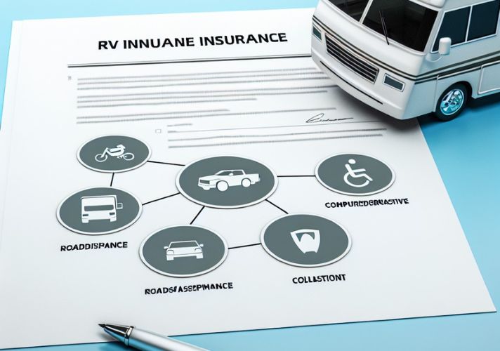 Illustration of an RV insurance form on a blue surface with a small white motorhome model on top and a silver pen nearby, showing icons for different types of coverage