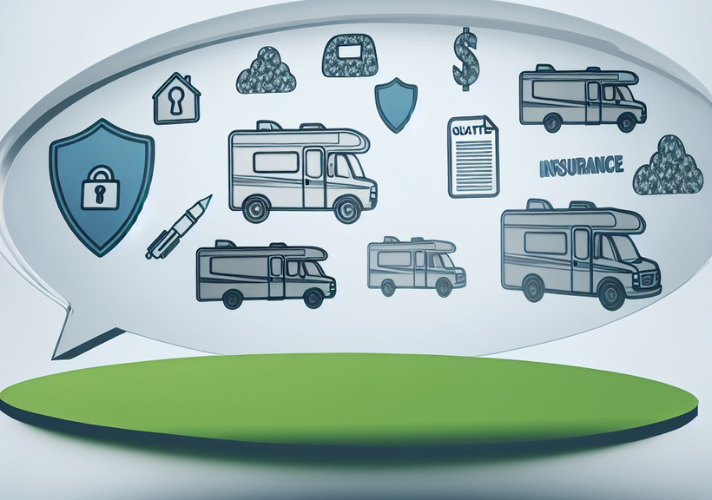 Clean, modern illustration of several RV motorhomes inside a large translucent speech bubble, surrounded by simple insurance icons like shields, a lock, a policy document, a dollar sign, and clouds, floating above a flat green oval platform on a light gradient background