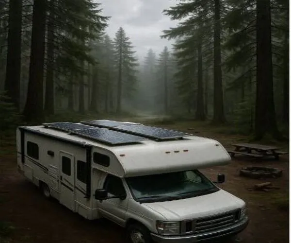 RV with roof solar panels parked in an overcast forest campsite, illustrating how low sun hours reduce output