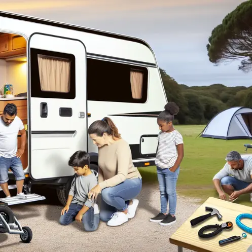 Family preparing a caravan at a campsite, parents checking equipment and supervising children near a camper, illustrating safety preparation before a family caravan trip