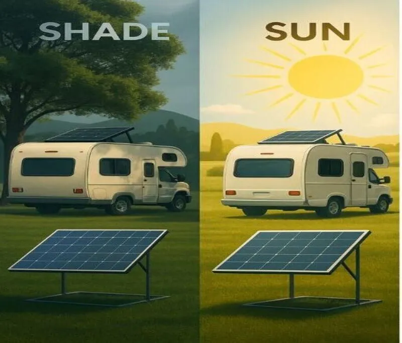 Split scene showing an RV solar setup in shade versus full sun, highlighting reduced vs stronger solar charging.