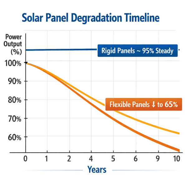 Graph showing the degradation of flexible and rigid solar panels over a 10-year period