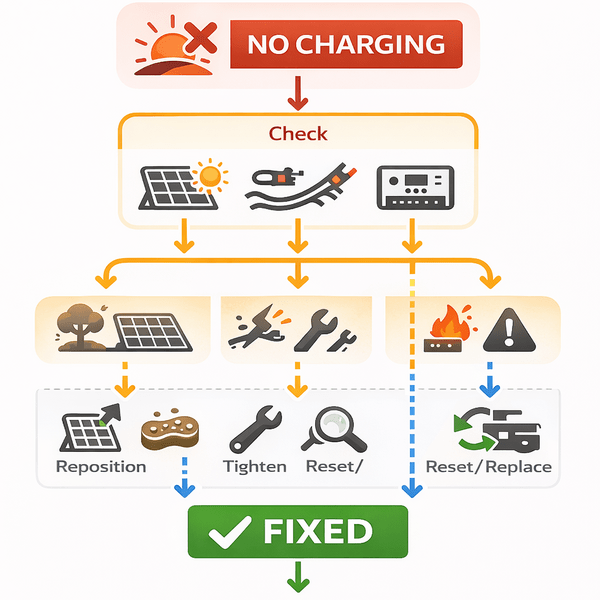 Infographic flowchart guiding users through troubleshooting a 'No Charging' issue in solar systems. The flowchart offers solutions based on common causes such as panel issues, wiring problems, or controller faults