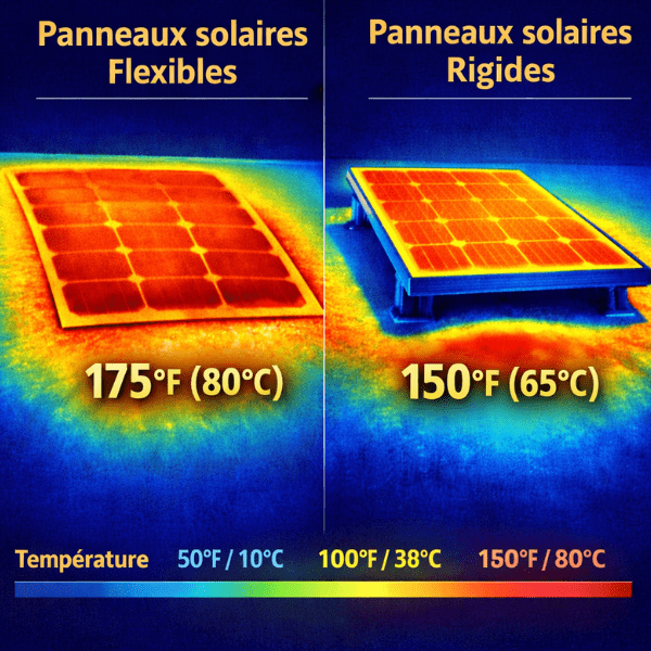Thermal visualization comparing the temperature of flexible and rigid solar panels