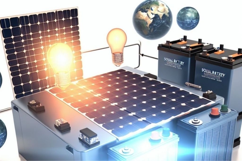 Solar panels connected to battery storage supplying clean renewable electricity and powering light bulbs