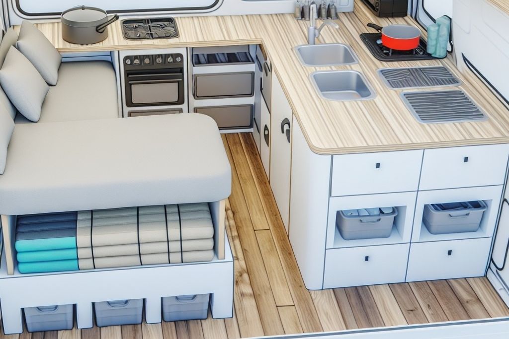 Interior setup of a compact camper van with organized storage, double sink, stove, and foldable seating area.