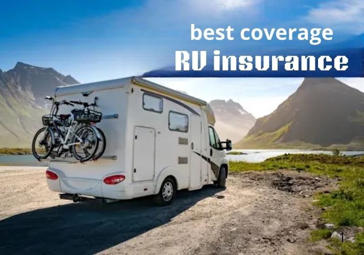 White motorhome with two bicycles mounted on the back parked beside a scenic mountain lake under a blue sky, with text reading “Cheapest RV and Motorhome Insurance.”
