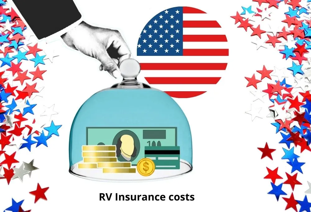 Illustration of RV insurance costs showing money and credit cards under a glass dome with a U.S. flag and patriotic stars.