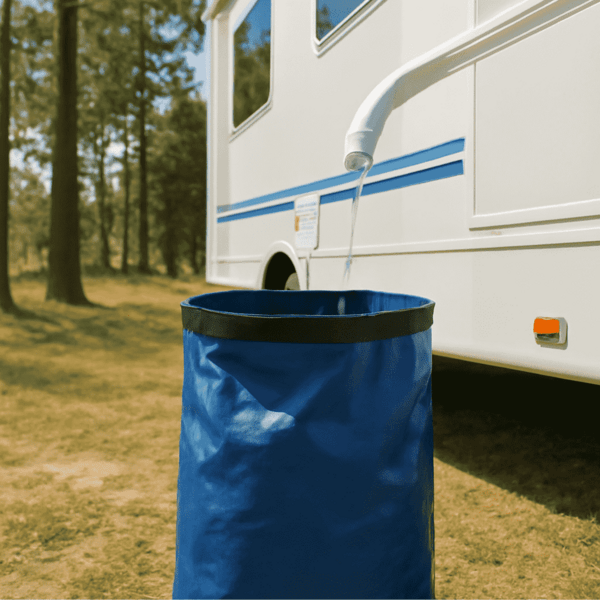 Water-saving system for RV with water flowing into a blue collection bag to conserve water