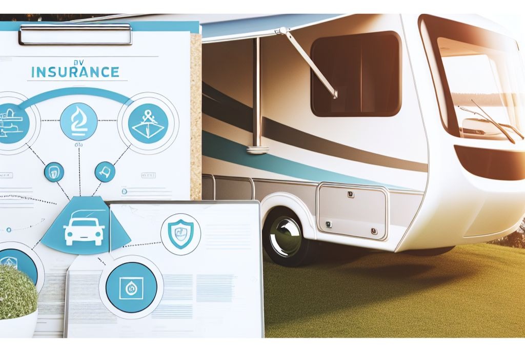 RV insurance coverage infographic displayed next to a modern motorhome, showing icons for protection, assistance and vehicle safety