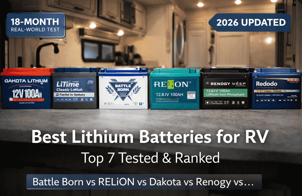 High-quality photo of seven lithium RV batteries from top brands like Battle Born, RELiON, Dakota, and Renogy, tested and ranked for their performance in real-world RV conditions