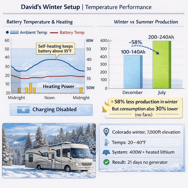 Infographic detailing David's RV winter solar setup performance, showcasing battery temperature, heating power usage, and solar production comparison between winter and summer