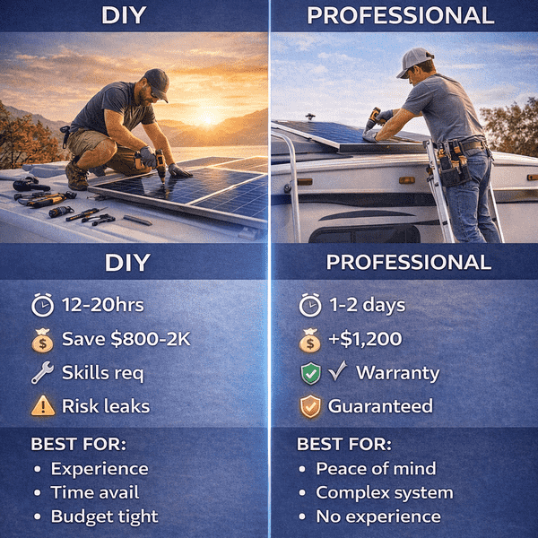 DIY versus professional RV solar installation comparison showing DIY person with tools saving $800-2000 but requiring skills versus professional installer providing warranty and guaranteed leak-free installation