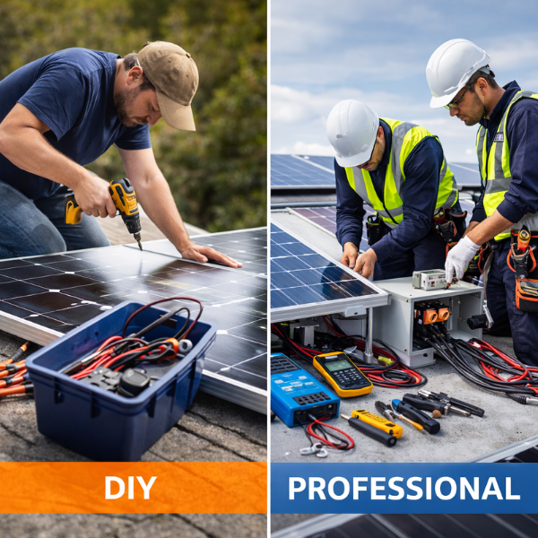 A split image comparing DIY solar installation with professional installation, highlighting the different approaches and tools used in each process