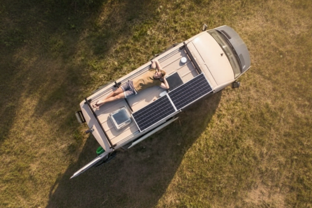 Vue aérienne d’un van aménagé beige équipé de panneaux solaires sur le toit, avec une personne allongée et se reposant au soleil dans un champ, illustrant le voyage en camping-car écoresponsable et l’autonomie énergétique