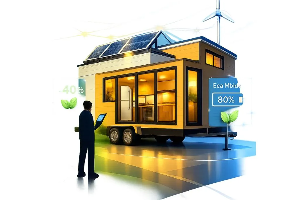 Illustration d’une tiny house mobile avec panneaux solaires et appareils écoénergétiques pour la vie en RV