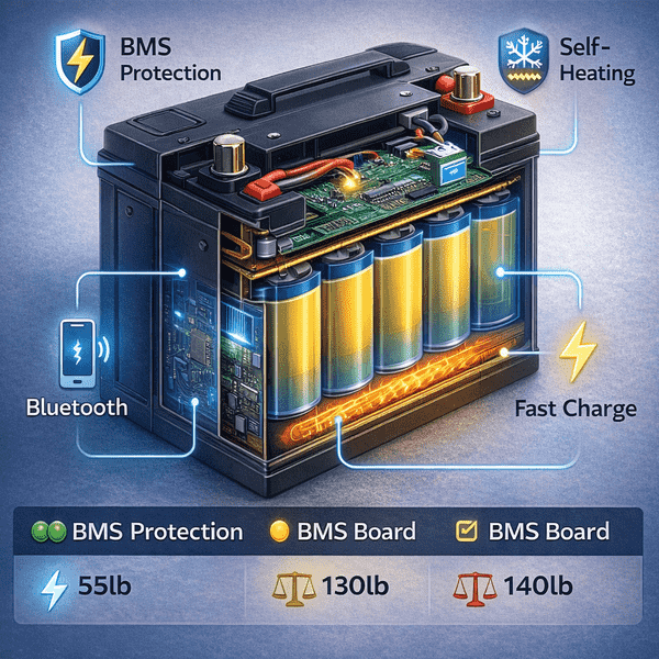 Lithium battery cutaway diagram showing internal LiFePO4 cells, BMS protection board, self-heating element, and Bluetooth monitoring with connection points