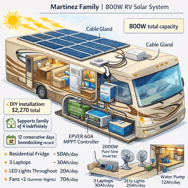 Annotated cutaway diagram of the Martinez family's 800W RV solar system, showing solar panels, battery bank, inverter, and power distribution to appliances