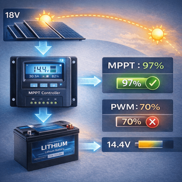 Solar charge controller diagram showing 18V panel input through MPPT controller at 97% efficiency converting to 14.4V battery charging voltage compared to PWM at 70% efficiency
