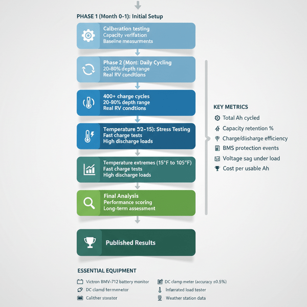 Vertical infographic detailing an 18-month battery testing process for RV lithium batteries, including phases for setup, daily cycling, stress testing, and final analysis, with tracked metrics and equipment used