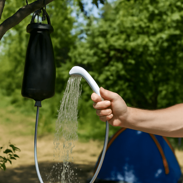 Portable outdoor shower with a water-saving showerhead, perfect for eco-friendly RV travel.