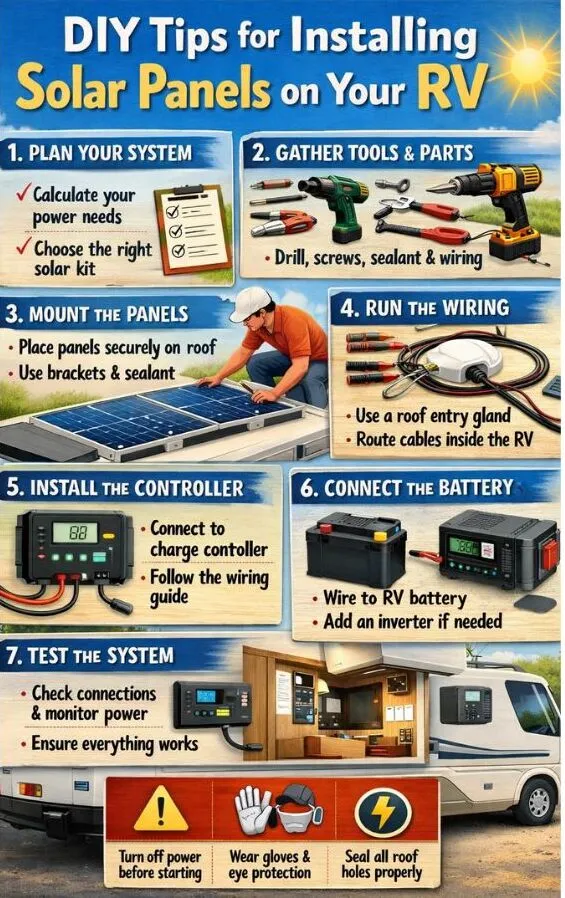 Step-by-step infographic showing DIY solar panel installation tips for RVs