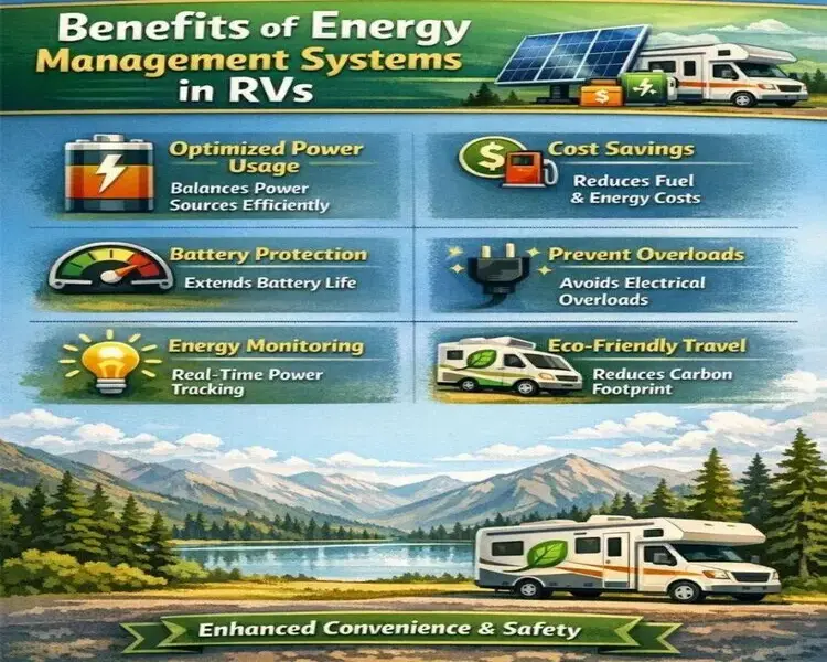 Infographic showing the benefits of energy management systems for RV power and
