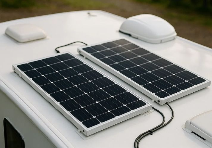 Top view of an RV roof with two solar panels representing a 200–400 watt setup