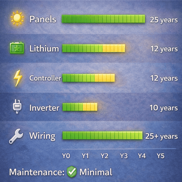 RV solar system component lifespan chart showing solar panels lasting 25 years, lithium batteries 12 years, charge controller 12 years, inverter 10 years, and wiring 25 plus years with minimal maintenance required