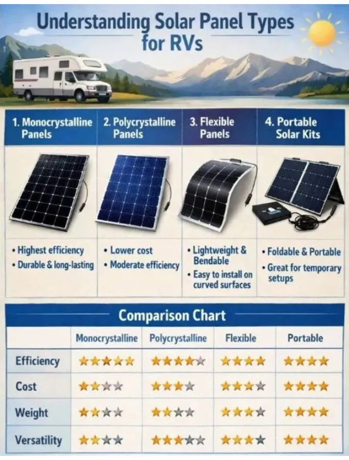 Comparison of monocrystalline, polycrystalline, flexible and portable solar panels for RV use