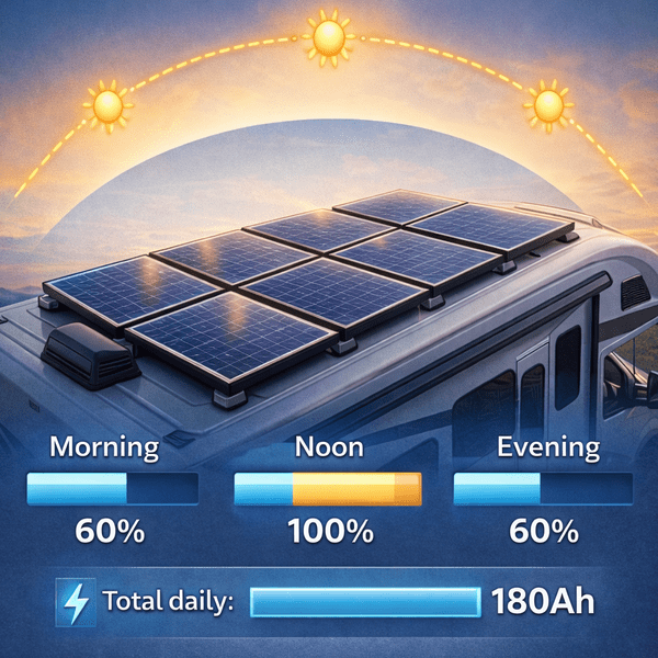 RV rooftop solar panels with sun path arc showing energy capture throughout day - 60% morning, 100% noon peak, 60% evening totaling 180Ah daily production