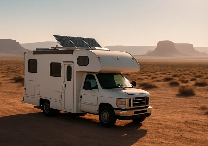 Top view of an RV roof with two solar panels representing a 200–400 watt setup
