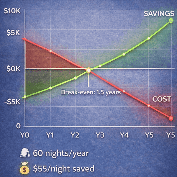 ROI timeline graph showing $5,000 RV solar system investment breaking even at 1.5 years with savings accumulating to $10,000 by year 5 based on 60 camping nights annually at $55 per night saved