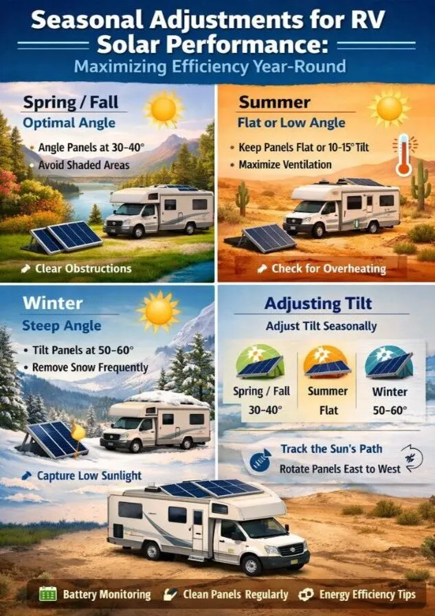 Seasonal RV solar panel angle adjustments to maximize off-grid power output in the United States