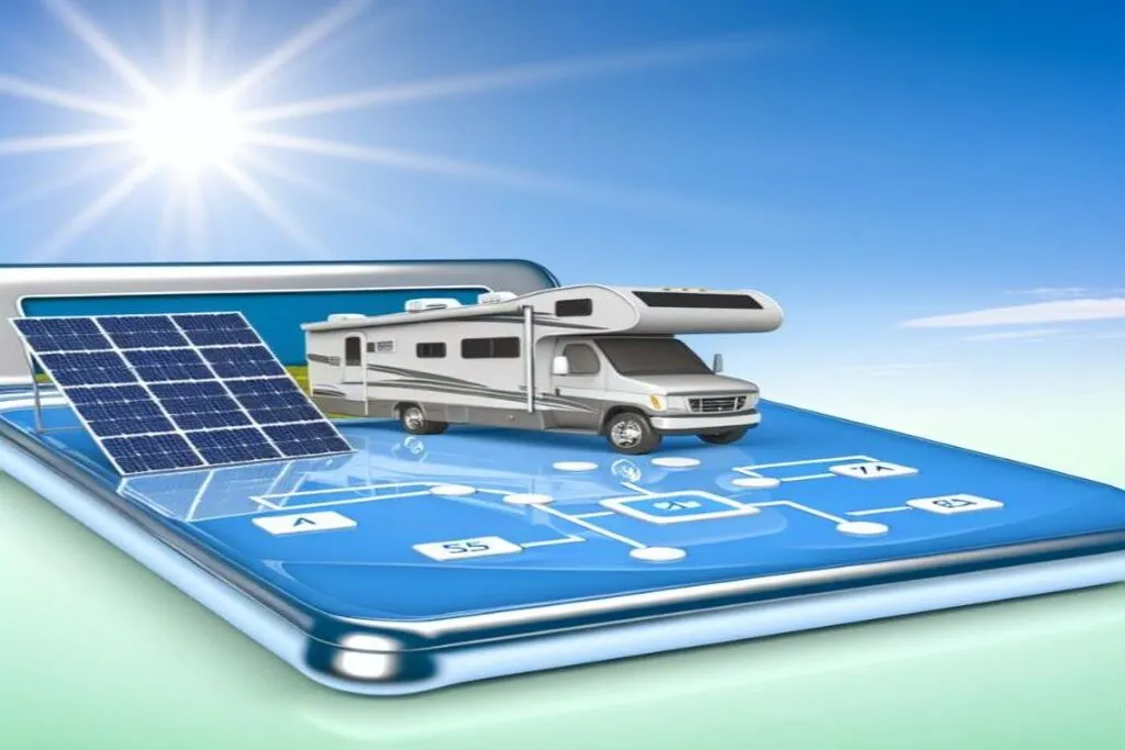 Illustration of a motorhome powered by solar panels on a digital tablet, symbolizing an RV solar sizing calculator