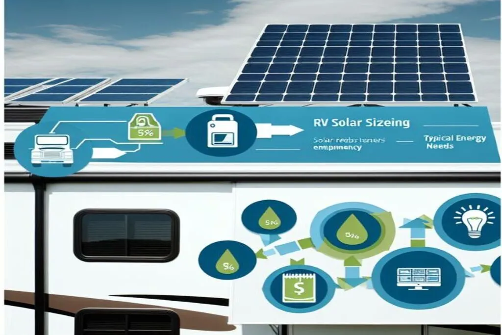 Infographic about RV solar sizing displayed on the side of a white motorhome with rooftop solar panels under a blue sky