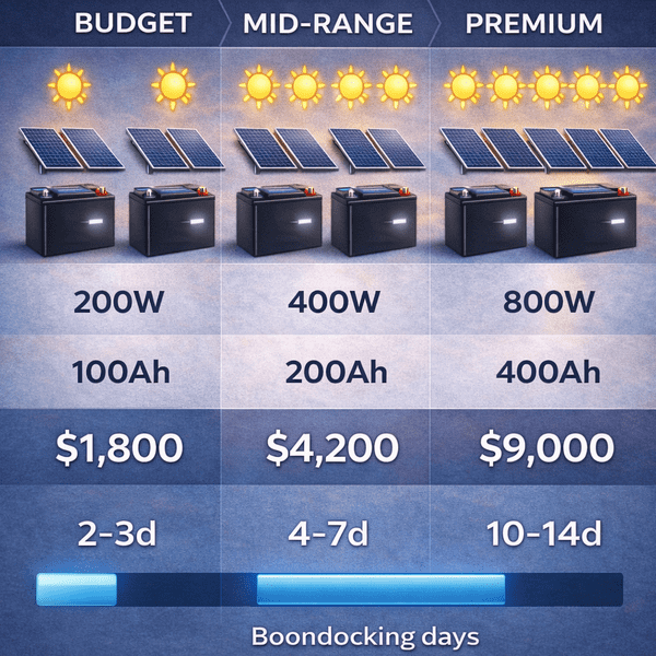 Three RV solar system tiers comparison - budget 200W 100Ah $1,800 for 2-3 days, mid-range 400W 200Ah $4,200 for 4-7 days, premium 800W 400Ah $9,000 for 10-14 days boondocking